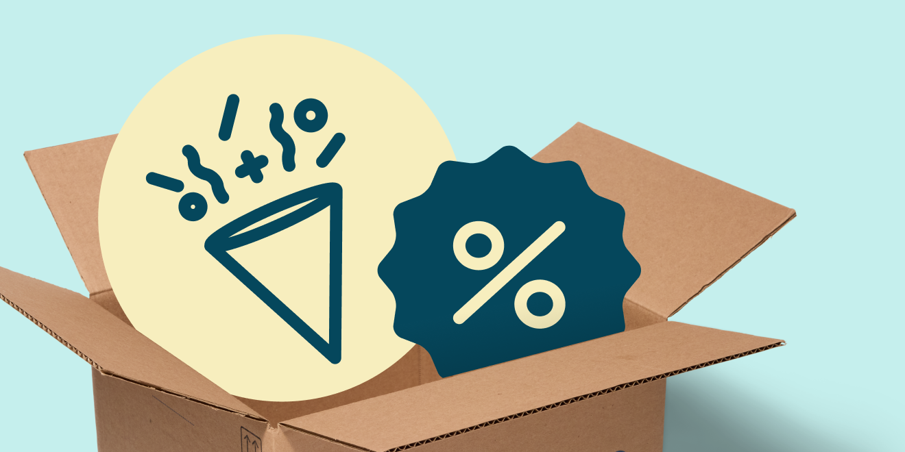 An open cardboard box containing a party popper icon and a percentage symbol badge, against a light blue background.