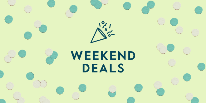 A pink badge with the words WEEKEND DEALS in white, arranged in a circular pattern, on a light blue background.