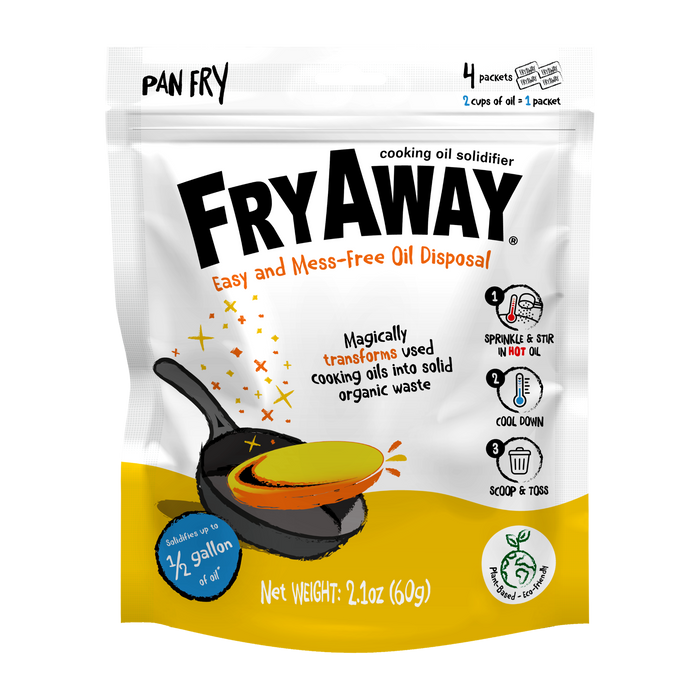 A packet of FryAway Pan Fry Used Cooking Oil Solidifier Powder, featuring a frying pan illustration. The text emphasizes its ability to simplify used cooking oil cleanup and disposal by turning it into solid organic waste. Net weight: 2.1 oz (60g).