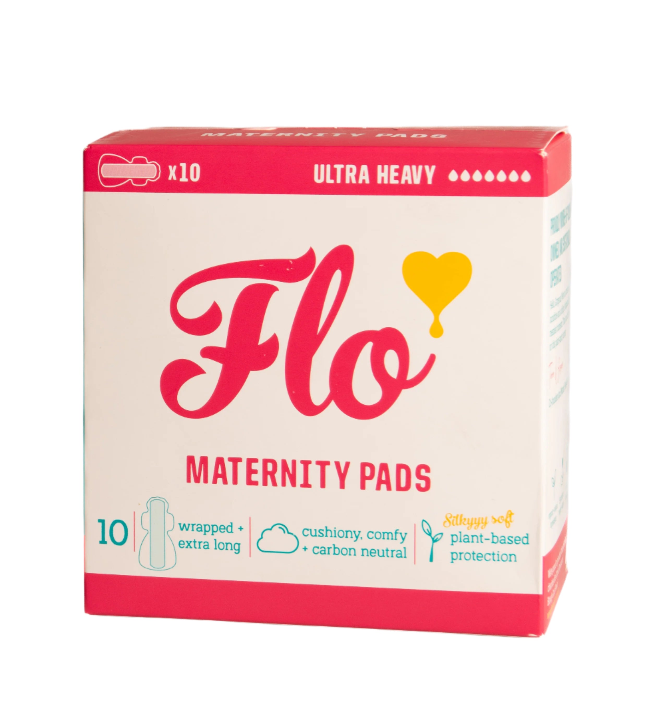 The Here We Flo Bamboo Maternity Pads offer postpartum essentials in a red and pink box. The package features ultra-heavy, wrapped extra-long pads with cushiony comfort and plant-based protection, including 10 bamboo pads designed for ultimate care.
