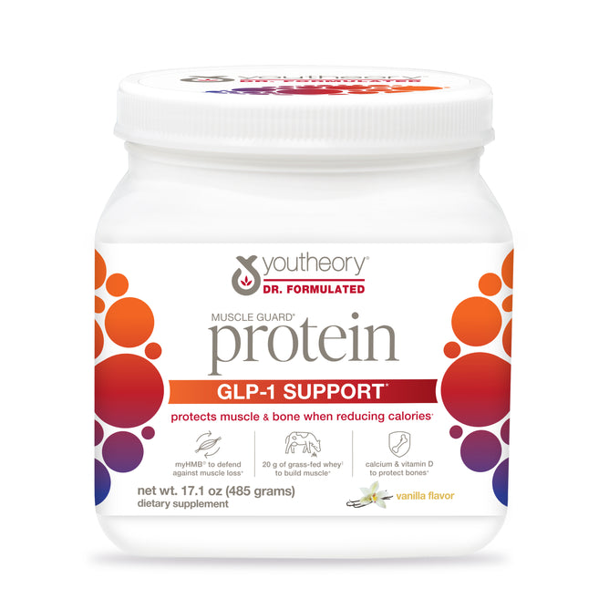 A white container of Youtheory GLP-1 Support Muscle Guard Protein Powder, vanilla flavor, with orange and purple circles, offers muscle defense, bone health benefits, and calorie reduction support.