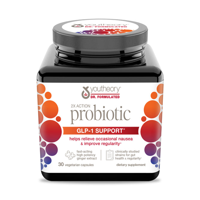 A bottle of Youtheory GLP-1 Support 2x Action Probiotic Capsules (30 vegetarian capsules), featuring digestive health benefits such as occasional nausea relief and enhanced regularity.