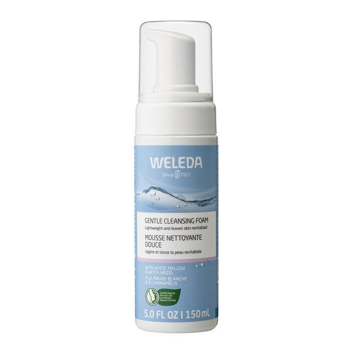 Weleda Gentle Cleansing Foam, 5.0 fl oz (150 ml), features a white pump and blue label. Enriched with white mallow and witch hazel, its foaming formula gently cleanses and refreshes skin.