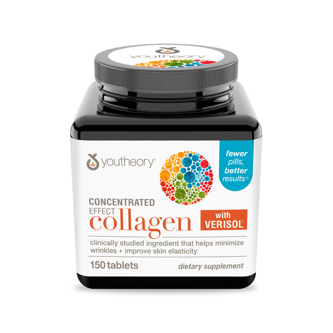 Youtheory Concentrated Effect Collagen w/ VERISOL® Tablets is a dietary supplement with collagen peptides to help reduce wrinkles and support skin elasticity. Each bottle contains 150 tablets.