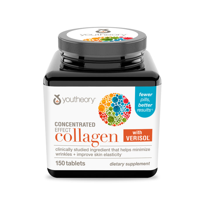 Youtheory Concentrated Effect Collagen w/ VERISOL® Tablets is a dietary supplement with collagen peptides to help reduce wrinkles and support skin elasticity. Each bottle contains 150 tablets.