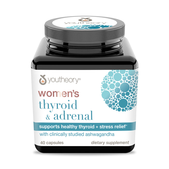 Front view of a Youtheory Women's Adrenal + Thyroid supplement bottle featuring a blue and gray design, highlighting thyroid and adrenal support. Contains 40 capsules with ashwagandha for stress relief.