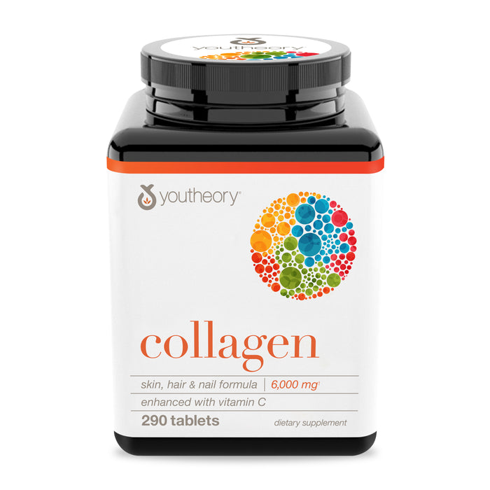 A white bottle of Youtheory Collagen Advanced 290 CT with a black lid and colorful circles features a label stating 6,000 mg collagen peptides for skin elasticity, hair & nails, supports healthy aging, and is enhanced with vitamin C.