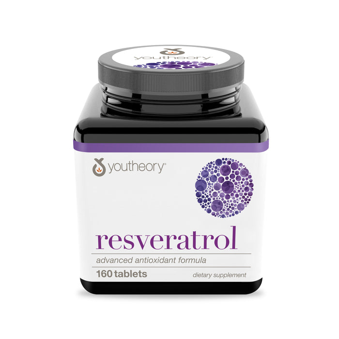 Youtheory Resveratrol Advanced Tablets come in a 160-tablet container, promoted as an advanced antioxidant formula for healthy aging, with packaging featuring a purple molecular design on a white background.