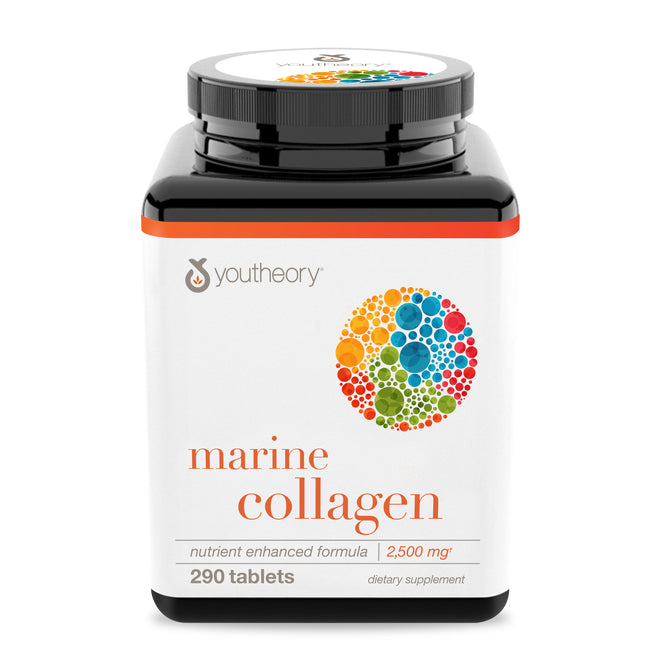 A bottle of Youtheory Marine Collagen Tablets (290 count) features a white label with a vibrant circular design and orange “marine collagen” text, and supports joint health.