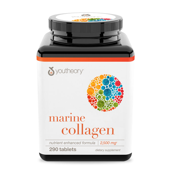 A bottle of Youtheory Marine Collagen Tablets (290 count) features a white label with a vibrant circular design and orange “marine collagen” text, and supports joint health.