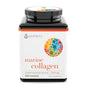A bottle of Youtheory Marine Collagen Tablets (290 count) features a white label with a vibrant circular design and orange “marine collagen” text, and supports joint health.
