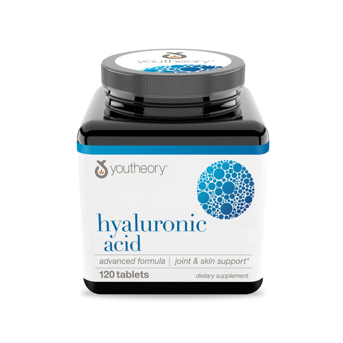 A black and white bottle of Youtheory Hyaluronic Acid Capsules (120 tablets), featuring blue circles on the front and a white lid, supports joint and skin health.