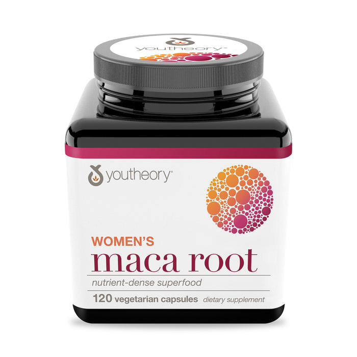 Youtheory Women's Maca Capsules come in a square bottle with 120 vegetarian capsules, featuring colorful circular patterns and red accents. This dietary supplement is a nutrient-dense superfood also called Peruvian Ginseng.