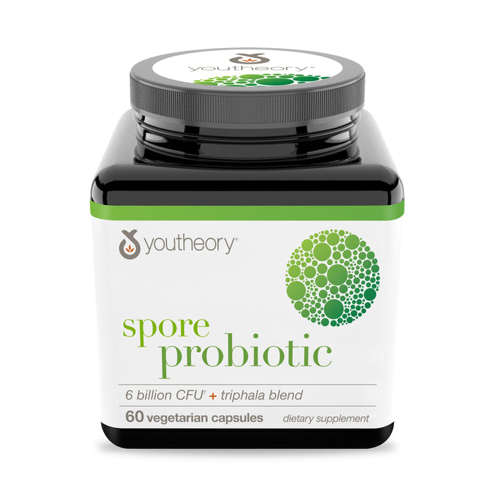 Youtheory Spore Probiotic Capsules, 60 vegetarian capsules per bottle, deliver 6 billion CFU plus a microflora-friendly triphala blend to support intestinal health. The label features green and orange text with a circular green dot design.