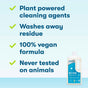 A bottle of ECOS Dishwasher Gel next to a list of features: plant-derived cleaners, washes away residue, 100% vegan formula, and never tested on animals.