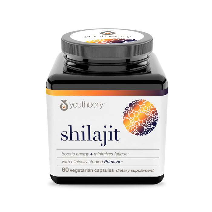 A square black bottle of Youtheory Shilajit Advanced Capsules with a white label and colorful circular design offers 60 vegetarian capsules, promoting energy and fatigue reduction with potent Himalayan shilajit, a celebrated Ayurvedic supplement.