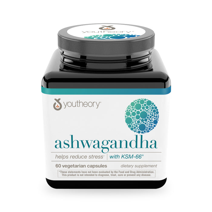 A black and white Youtheory Ashwagandha Capsules with KSM-66 container, featuring 60 vegetarian capsules to help reduce stress, and displaying a circular blue and green design on the front.