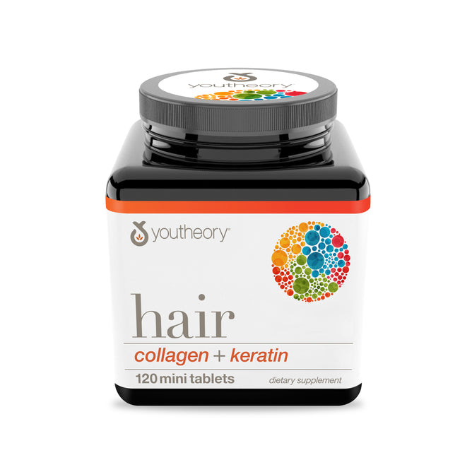 A square black container of Youtheory Hair Collagen + Keratin Tablets, featuring a colorful circular label pattern and containing 120 mini tablets for hair strength.