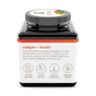 Square bottle of Youtheory Hair Collagen + Keratin Tablets with a label describing collagen and keratin benefits, featuring icons for hair strength, reduced hair loss, and how this supplement replenishes vital nutrients.