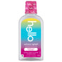 A bottle of hello Unicorn Splash Kids Mouthwash with Fluoride, alcohol-free and in bubble gum flavor, has a pink cap and rainbow label. It helps prevent cavities and strengthens teeth for happy smiles.