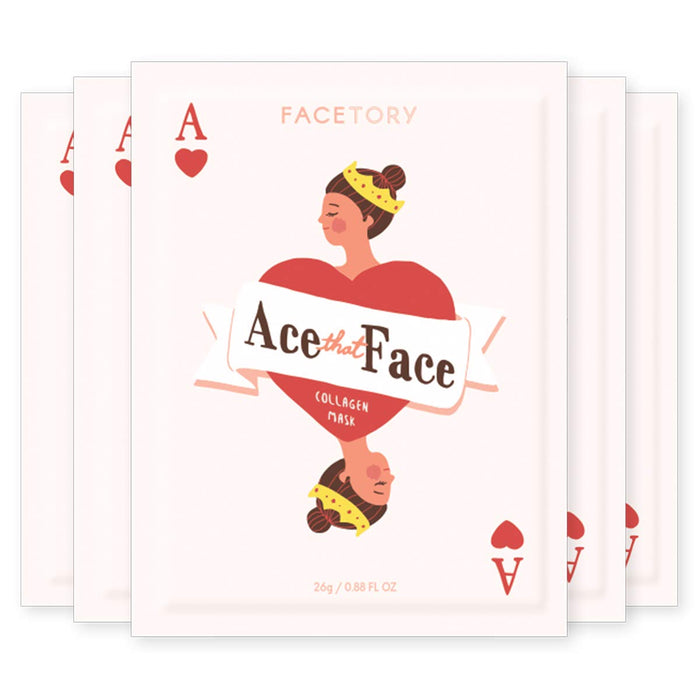 An illustration of a face mask package styled as a playing card depicts the Ace of Hearts with a crowned woman. It features Ace That Face at the center and FaceTory Firming Collagen Sheet Mask below, infused with hydrating essence and mushroom extract for radiant skin.