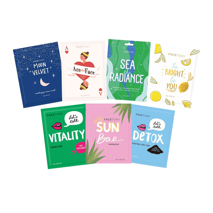 The Best of 7 by FaceTory features seven colorful sheet masks tailored for different skin needs, including Moon Velvet, Ace That Face, Sea of Radiance, Be Bright Be You, Vitality, Sun Bae, and Detox—perfect for achieving a healthy glow.