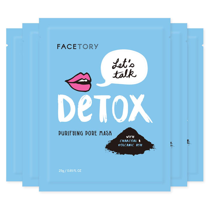 FaceTorys Lets Talk Detox PURIFYING mask features blue packaging adorned with Lets Talk DETOX and a stylish pink lips and black minerals illustration, highlighting its potent charcoal and volcanic ash formula ideal for rejuvenating acne-prone skin.
