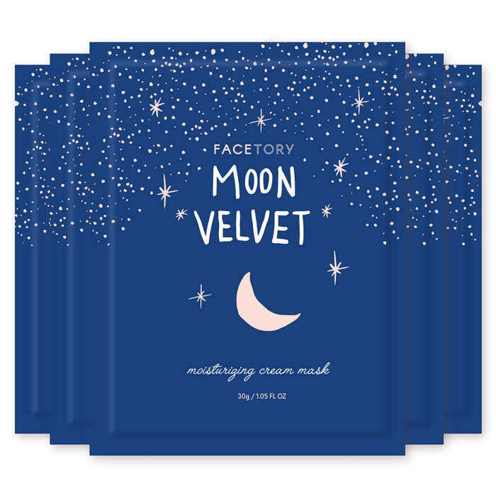 FaceTorys Moon Velvet MOISTURIZING Sheet Mask comes in a dark blue package adorned with shea butter graphics, white twinkling stars, and a crescent moon. The text includes MOON VELVET MOISTURIZING and moisturizing cream mask.