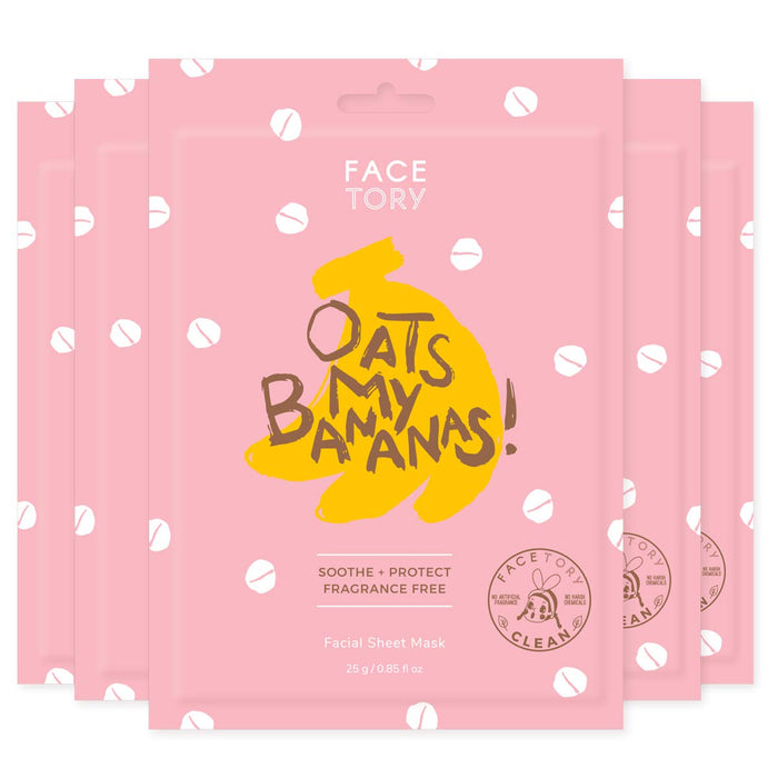 The Oats My Bananas Sheet CALMING Mask by FaceTory comes in playful pink packaging with a banana illustration, highlighting its fragrance-free, soothing formula infused with oat extract and boasting a clean beauty certification for its hydrating essence.