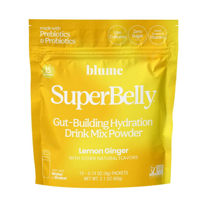 A yellow pouch labeled blume SuperBelly Probiotic Hydration Powder, Lemon Ginger. The front highlights prebiotics, probiotics, superfoods, live cultures, zero sugar, vitamin C, and includes 15 packets.