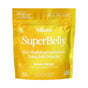 A yellow pouch labeled blume SuperBelly Probiotic Hydration Powder, Lemon Ginger. The front highlights prebiotics, probiotics, superfoods, live cultures, zero sugar, vitamin C, and includes 15 packets.