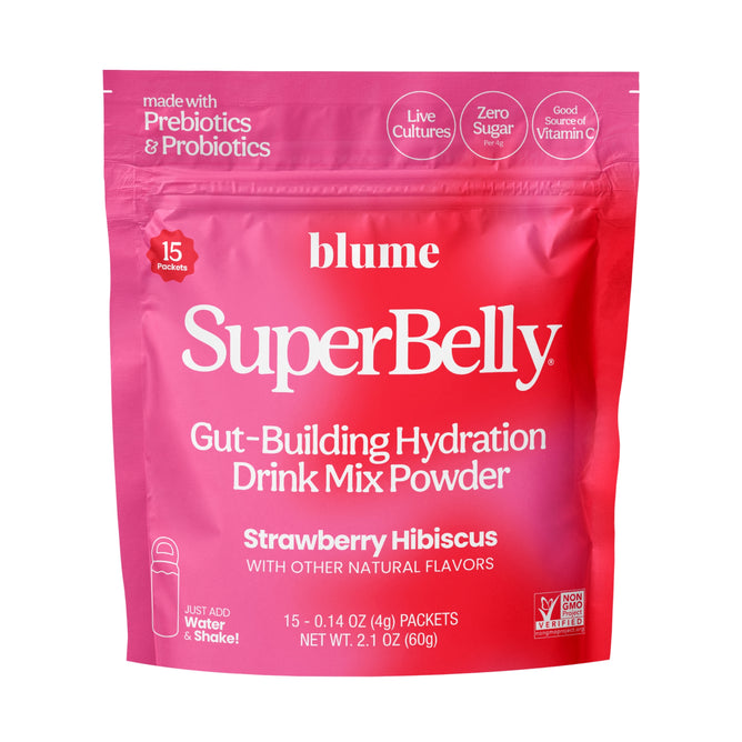 A pink pouch of blume SuperBelly Probiotic Hydration Powder in Strawberry Hibiscus, with superfoods, prebiotics, probiotics, live cultures, zero sugar, vitamin C, and 15 packets.