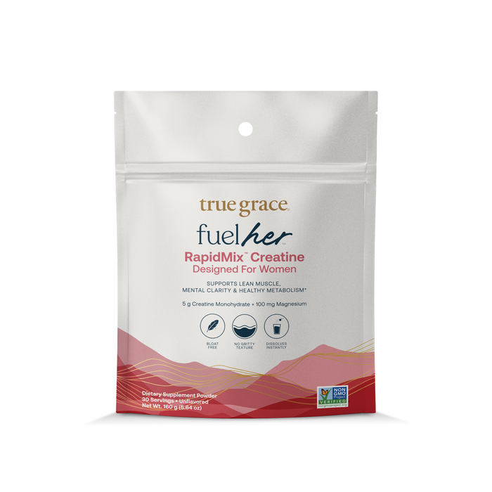 A white and red pouch labeled True Grace Fuel her RapidMix Creatine + Magnesium Supplement Powder, with icons and text highlighting lean muscle, mental clarity, metabolism support, and a Non-GMO Project Verified seal.