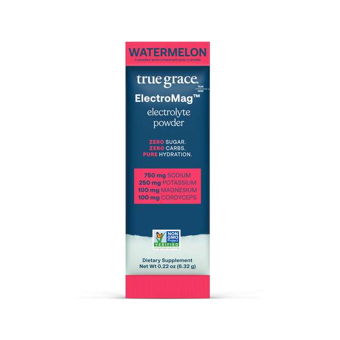 True Grace ElectroMag™ Watermelon Single Serve-Sample is a zero sugar, zero carb electrolyte powder with sodium, potassium, and cordyceps mushroom for hydration support.