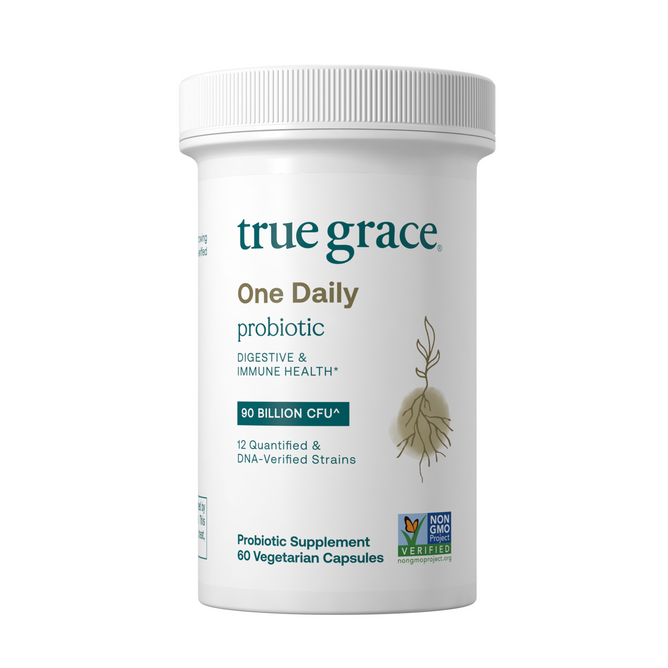 A white True Grace One Daily Probiotic bottle features a clear label, contains 90 Billion CFU with 12 DNA-verified, clinically studied strains for digestive and immune health, and includes 60 patented vegetarian DRcaps® capsules.