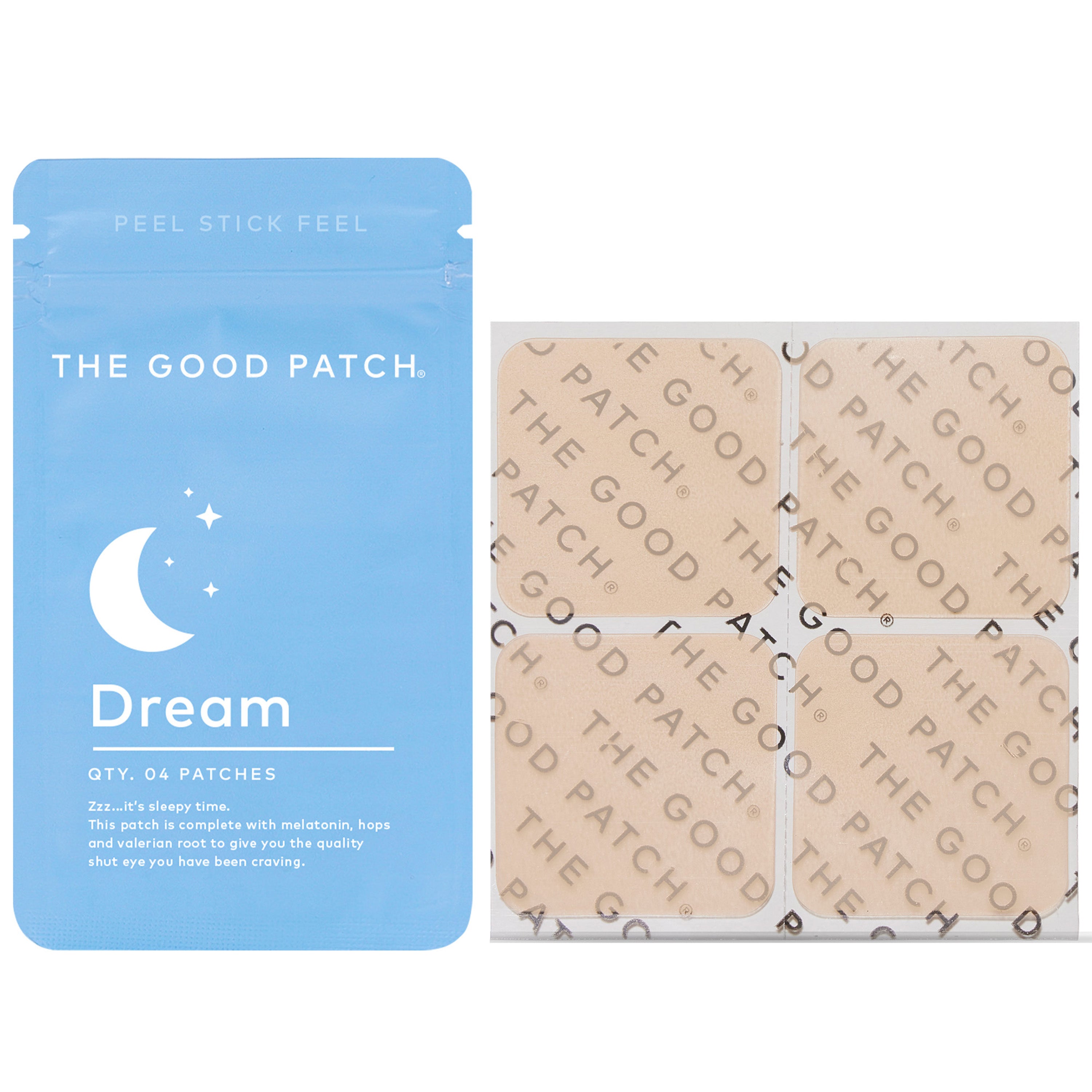 The Good Patchs Dream Patch, in blue packaging featuring a white crescent moon and stars, promotes restful nights with melatonin, hops, and valerian root. Four square patches displaying THE PATCH offer wearable wellness.