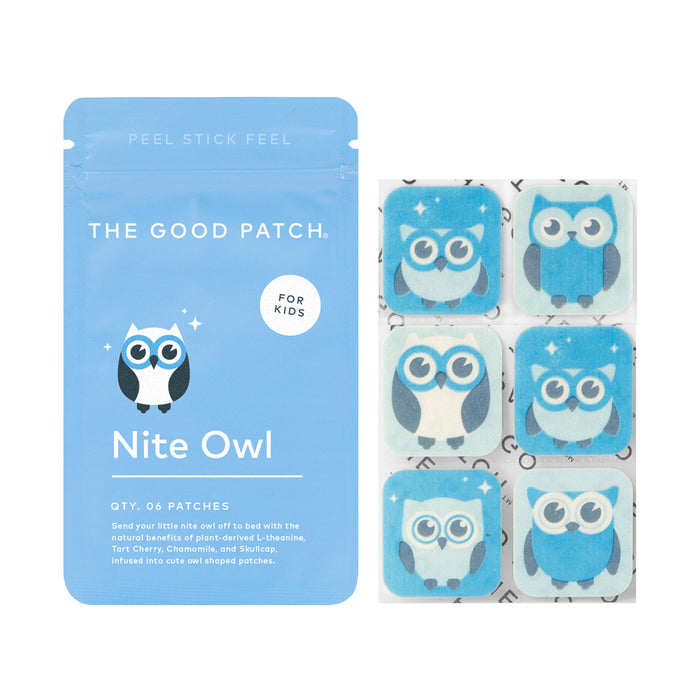 The Good Patchs Nite Owl Childrens Wellness Patch features blue packaging with an illustrated owl and includes six patches with cute designs. Ideal for bedtime, these patches use plant-derived ingredients to support sleep.