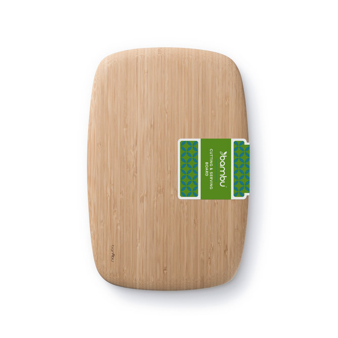 The Classic Bamboo Cutting Board by Bambu, rectangular with rounded edges, is displayed on a white background. A green and blue label wraps around one side, clearly showing the Bambu brand name.