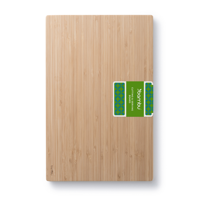 The Undercut Bamboo Cutting Board by Bambu features a smooth, light wood grain surface made from sustainable bamboo and includes a green and white label with the brand name on the top right.