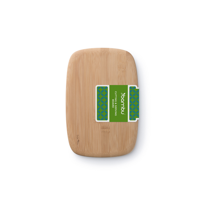 A rectangular Classic Bamboo Cutting Board by Bambu with rounded edges and a green and blue patterned label is shown on a white background. This eco-friendly cutting board offers both style and sustainability.