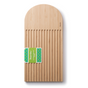 The Essential Bread Cutting Board by Bambu is a rectangular bamboo board with a rounded top and vertical grooves, shown from above with an eco-friendly green and blue label wrapped around its center. Perfect for serving cheese or bread.