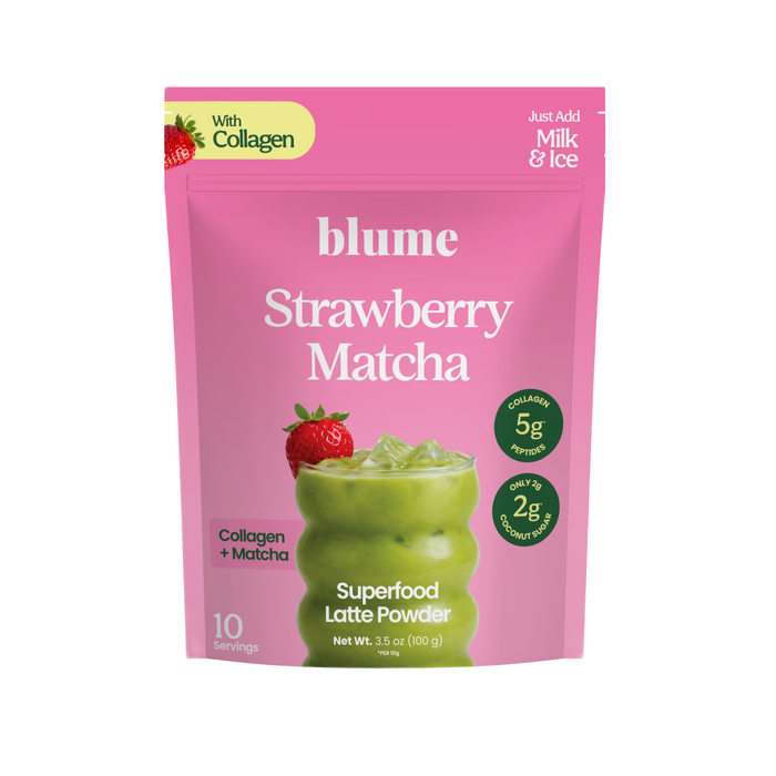 A pink pouch of blume Strawberry Matcha Latte Powder with Collagen is shown next to a green latte and strawberries, highlighting 5g collagen, 2g sugar per serving, and 10 servings per pack.