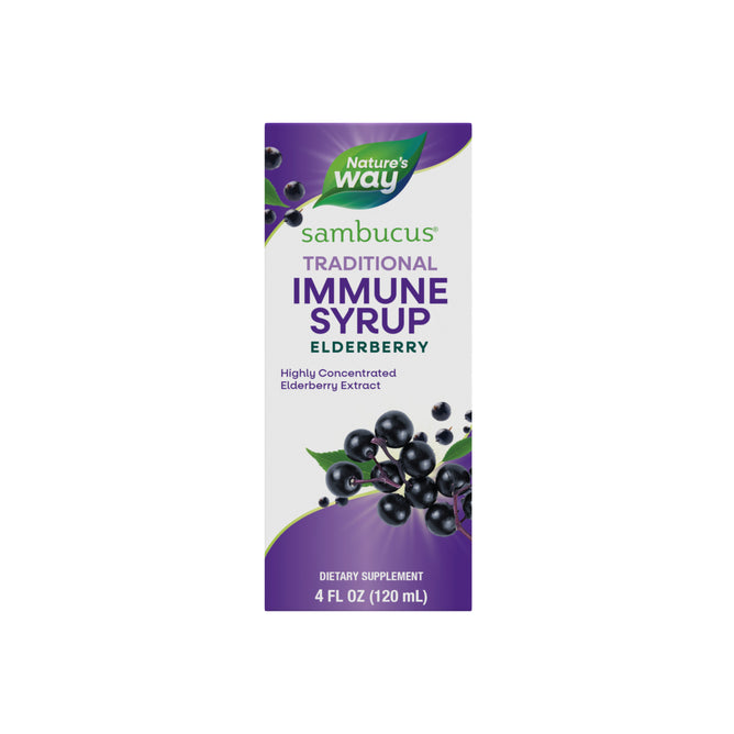 Nature’s Way Sambucus Traditional Immune Syrup, 4 fl oz—packaging features elderberries and text highlighting its highly concentrated extract for antioxidant and immune support as a dietary supplement.