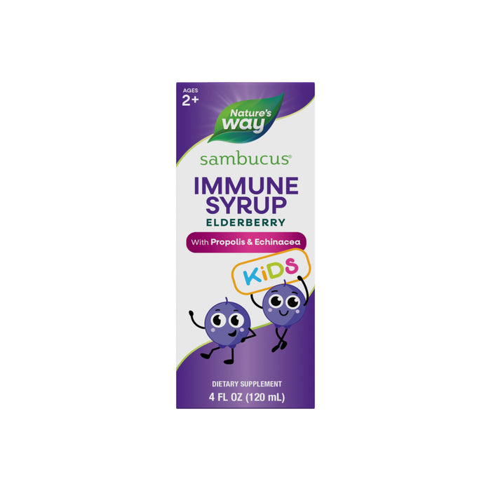 Front of a Natures Way Sambucus Immune Syrup for Kids box, showing two smiling berry characters; features elderberry immune support with propolis and echinacea; for ages 2+, 4 fl oz (120 ml).
