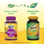 Two bottles of Natures Way Alive!® Calcium + D3 Gummy - For Bone & Immune Support are side by side: the left with the old purple label, the right featuring a new yellow-green label. Text: “Same Trusted Brand, Vibrant New Look for bone & immune support.”.