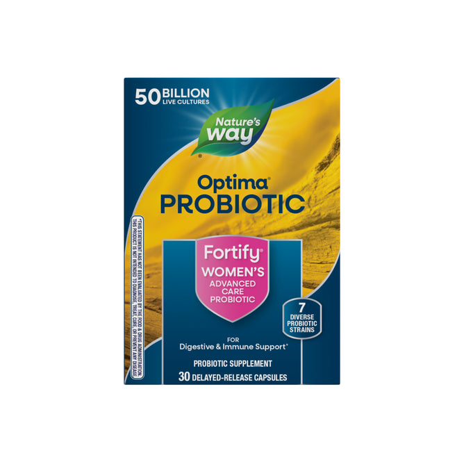 Natures Way Fortify® Optima® Womens 50 Billion Probiotic provides 50 billion live cultures with 7 strains in 30 delayed-release capsules for advanced digestive and immune support.