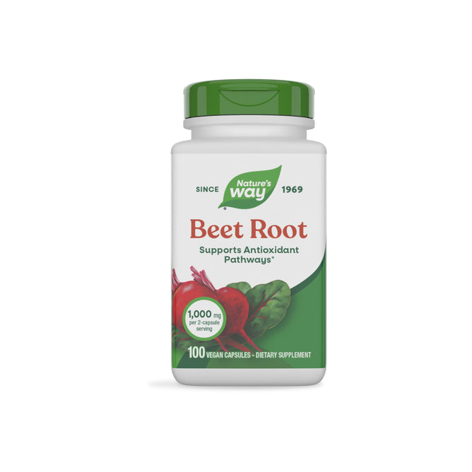Nature’s Way Beet Root comes in a white bottle with a green cap, featuring beetroot images. Each plant-based serving provides 1,000 mg for antioxidant support. Contains 100 vegan capsules.