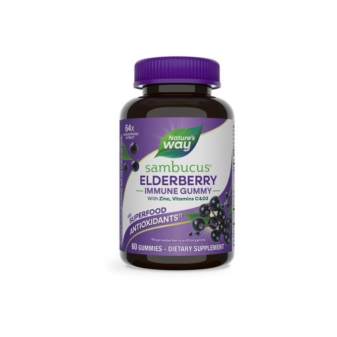 Nature’s Way Sambucus Elderberry Gummy - For Immune Support combines elderberry with zinc, vitamins C and D. Labeled “Superfood Antioxidants,” each bottle contains 60 dietary supplement gummies for immune health.
