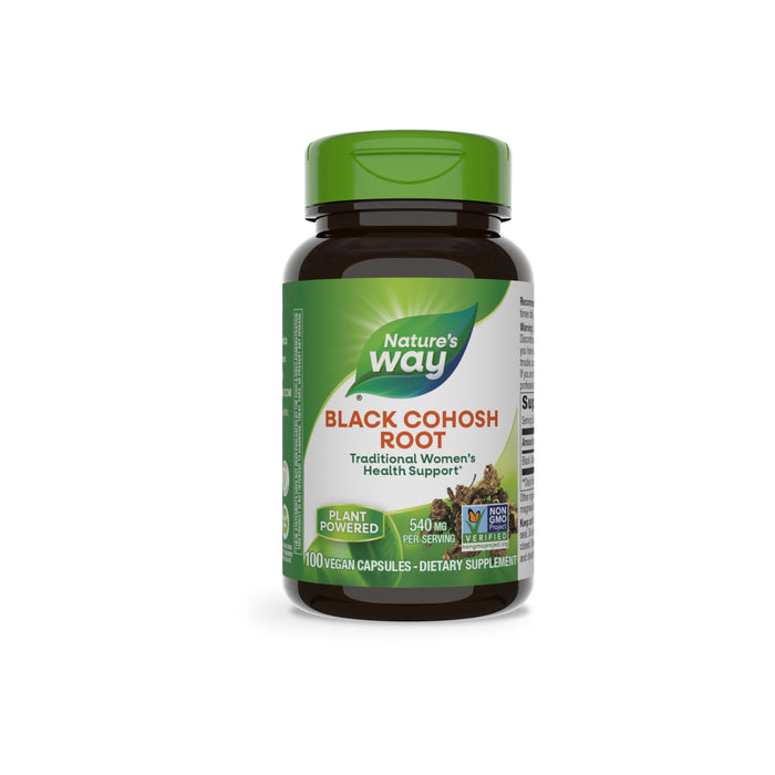 Nature’s Way Black Cohosh Root - Traditional Womens Health Remedy contains 100 vegan capsules (540 mg/serving), features Appalachian root, and is labeled “Plant Powered” and “Non-GMO Project Verified.”.