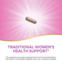 A single brown capsule is centered on a pink background with radiating light. Below, text reads: Natures Way Black Cohosh Root—Traditional Womens Health Remedy—with an FDA disclaimer about disease treatment.